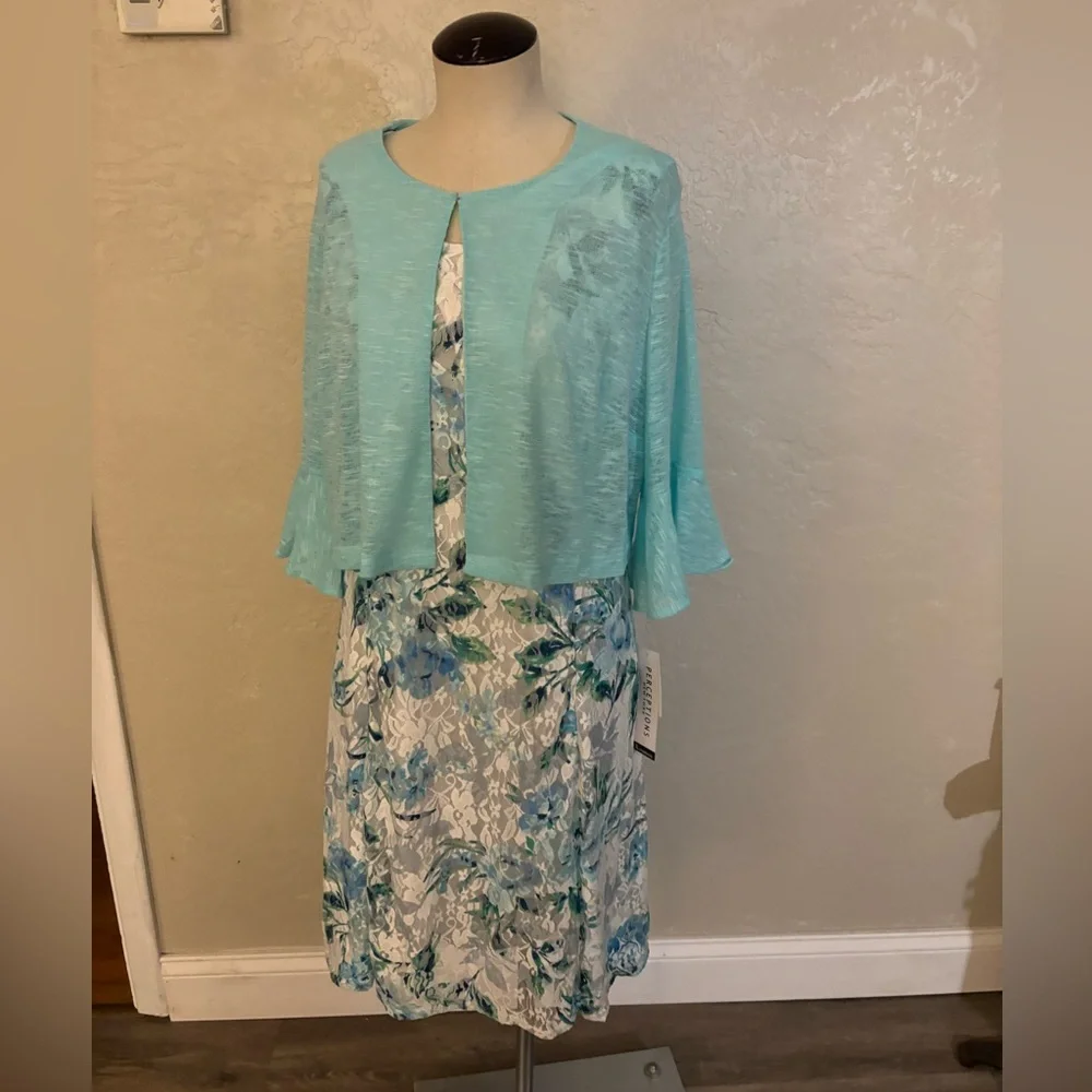 Perceptions Aqua Floral A-Line Dress & Jacket set Sz XL NWT